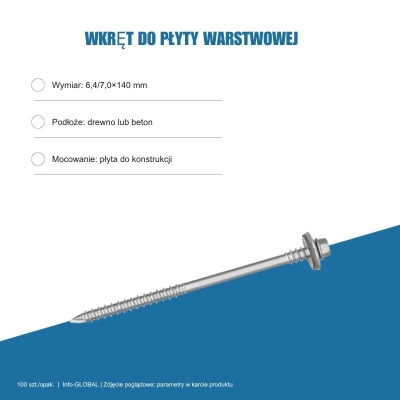 Wkręt do płyty warstwowej Info-GLOBAL ARW 0 CSG 6,4/7,0×140 mm, bez lakieru, 100 szt.